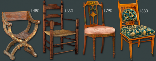 Kursi-kursi berbagai era dengan motif bervariasi